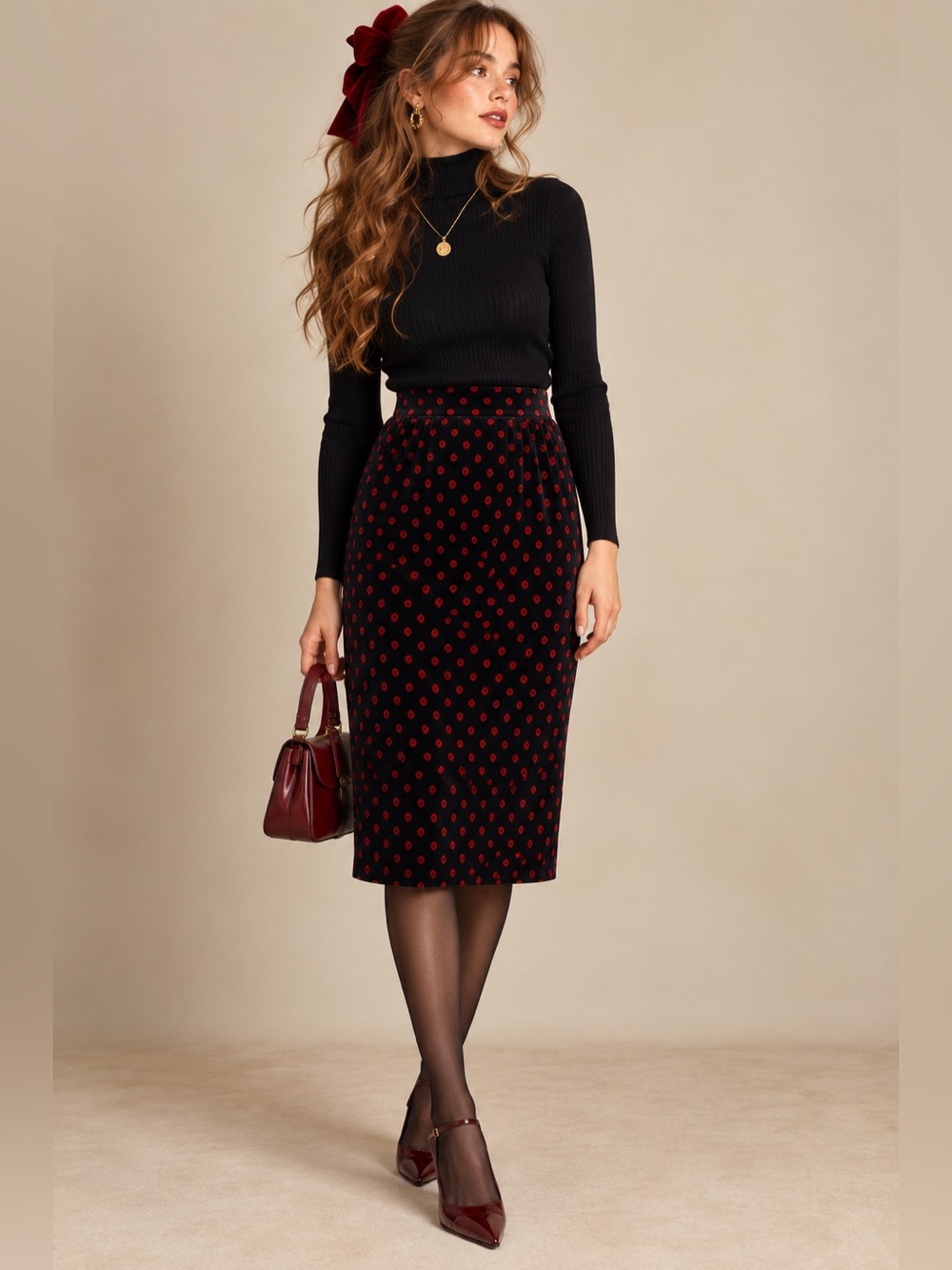 Vintage Emy St John Black Red Polka Dot Cotton Velvet Midi Pencil Skirt Sz 8